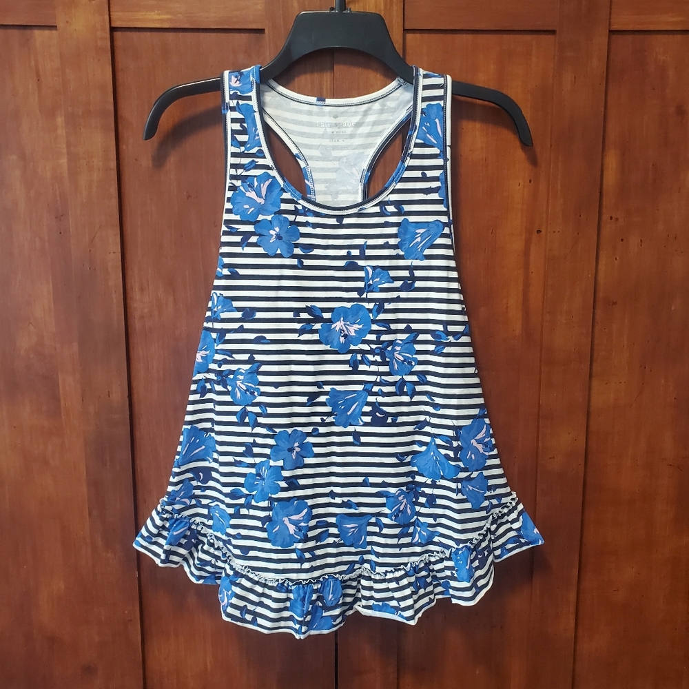 Kate Spade Blue Floral California Dreaming hibiscus stripe ruffle tank top